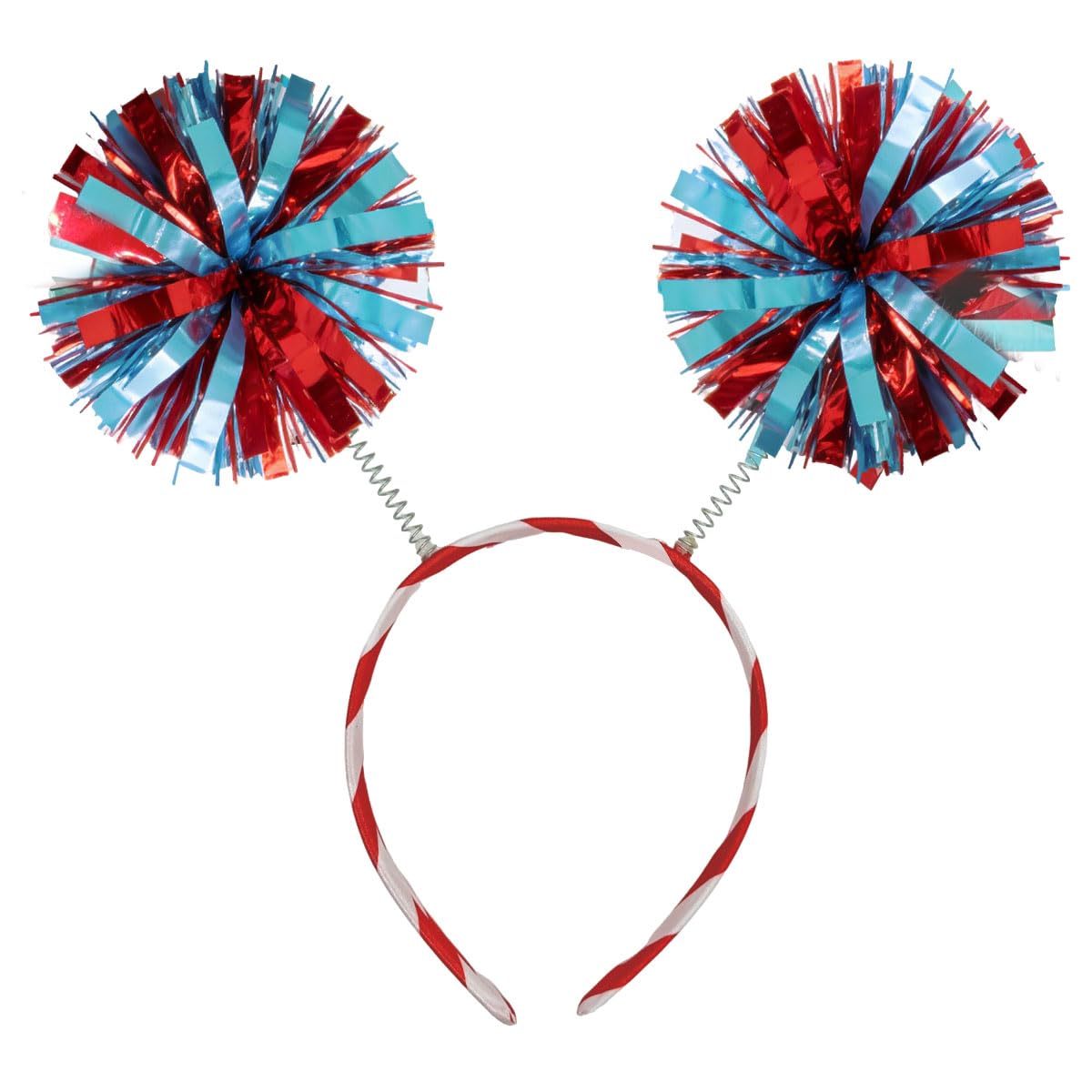 Diadema Vonlynfay con pom-pom rojo y azul, ideal para fiestas y celebraciones.