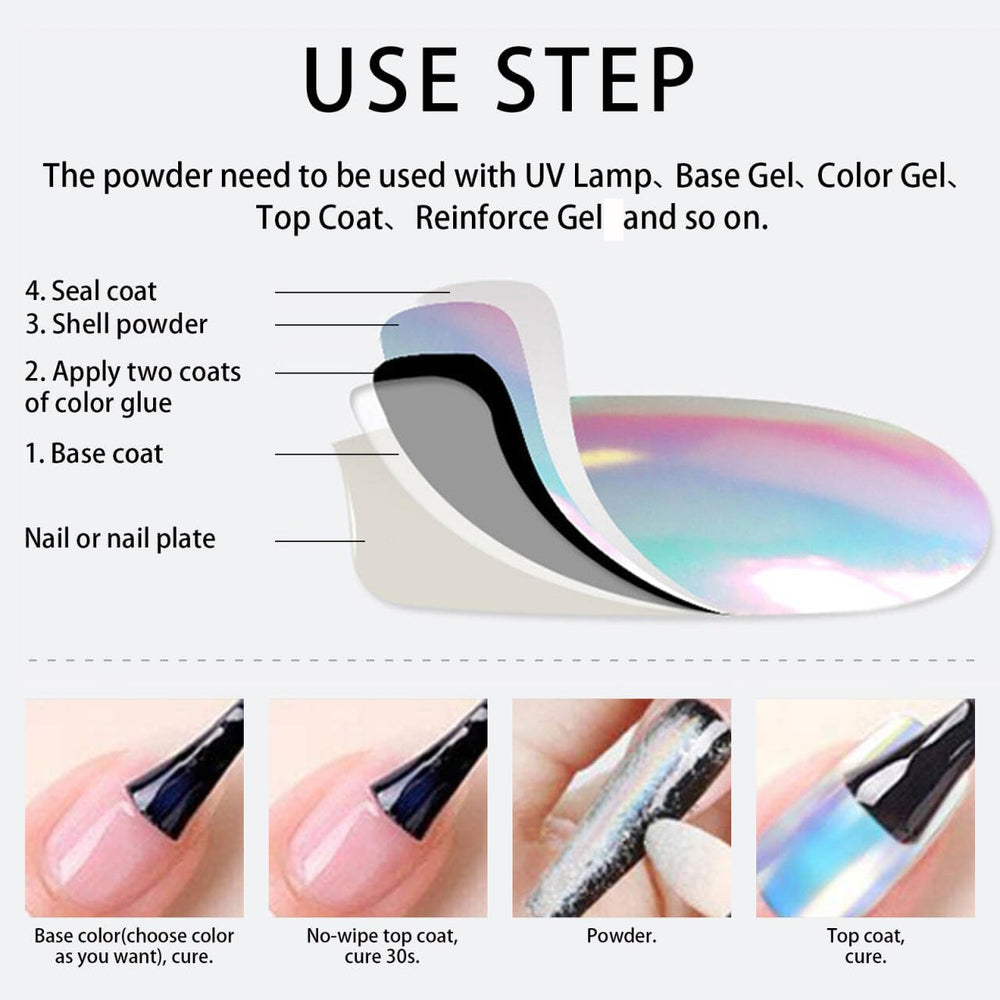 Vonrui mermaid pearl-iridescent powder on a black base delivers dramatic chrome effects