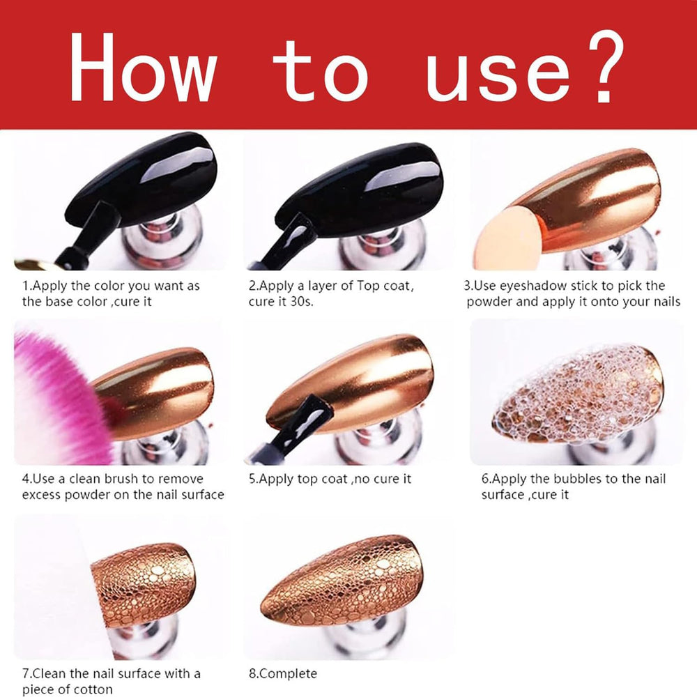 Vonrui chrome powder applied on UV gel nails for a bold look