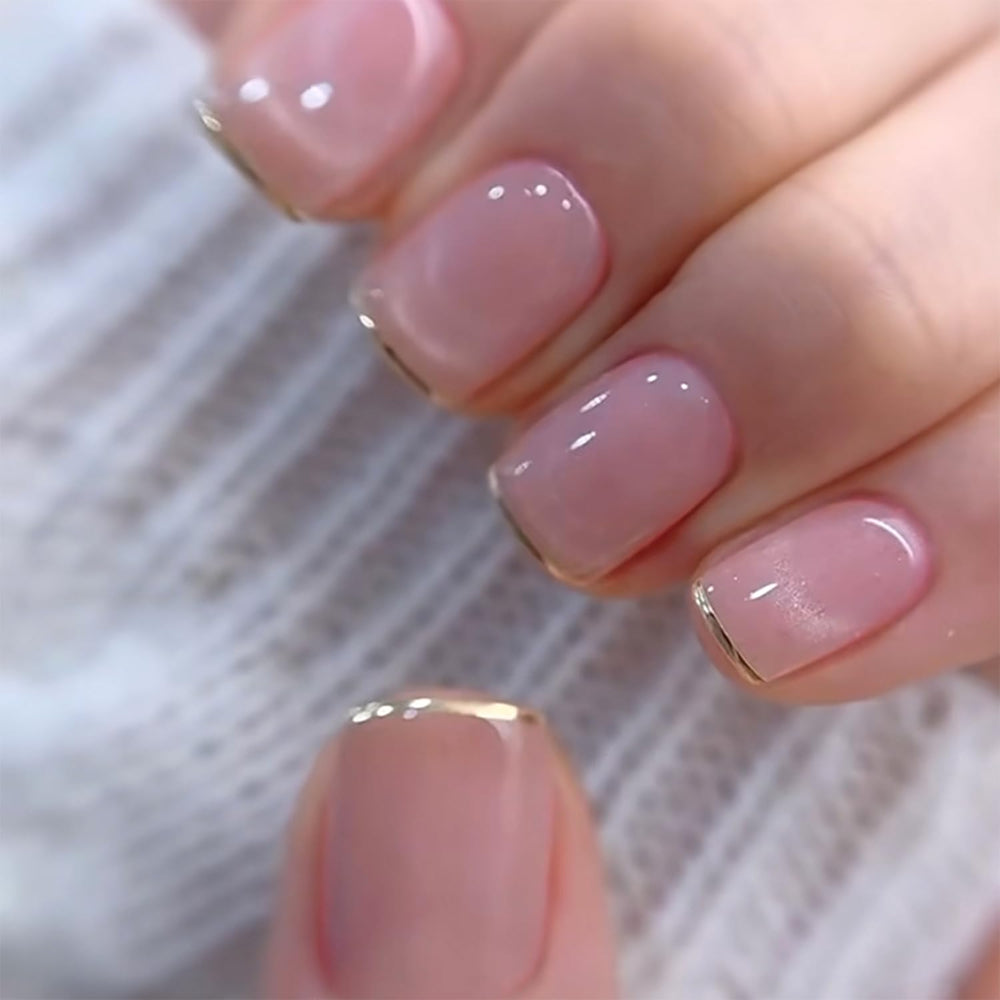 Uñas postizas Vopintpy nude pink frances corto cuadrado, look elegante para eventos.
