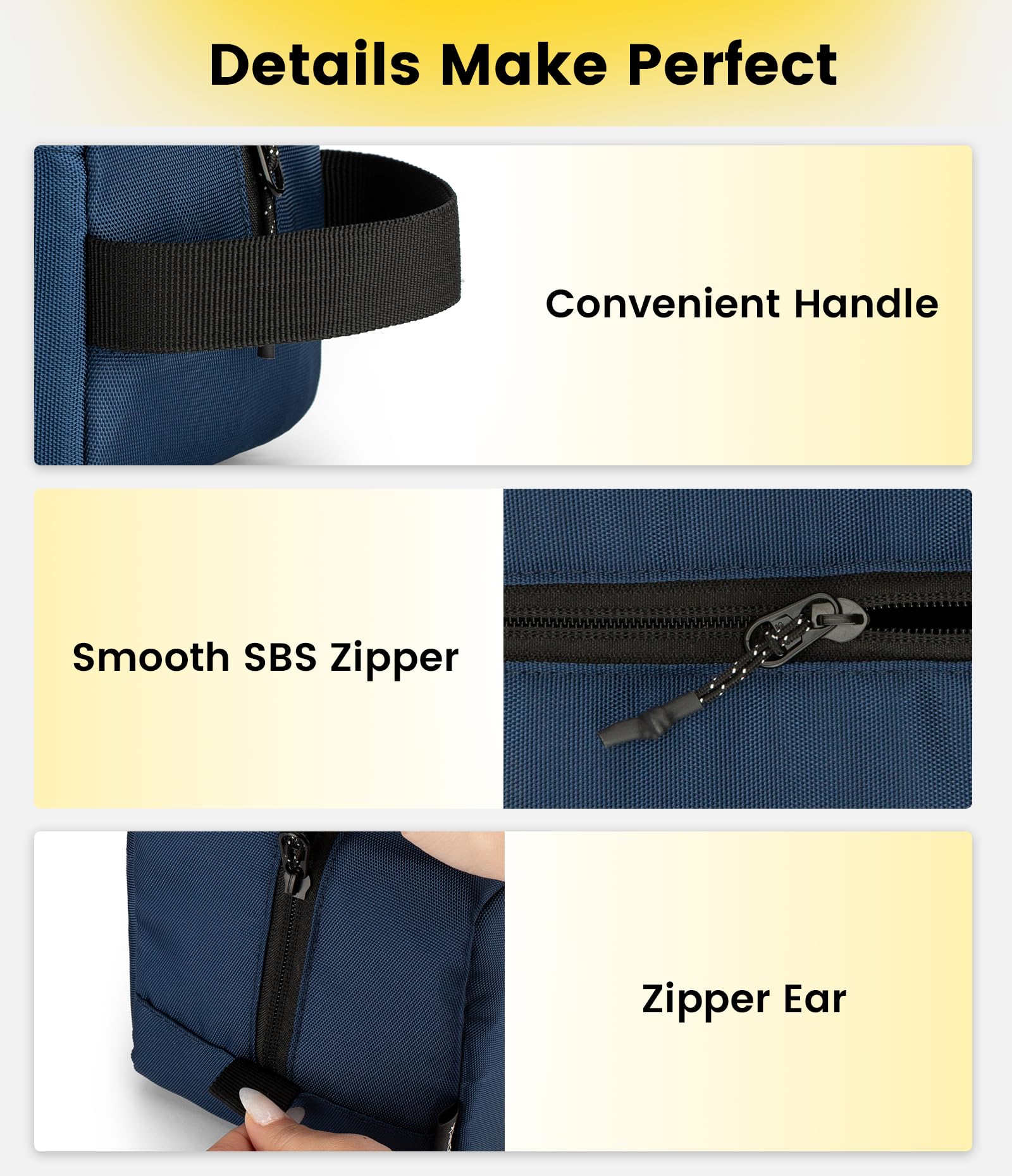 Sturdy handle for easy hanging and carrying on trips