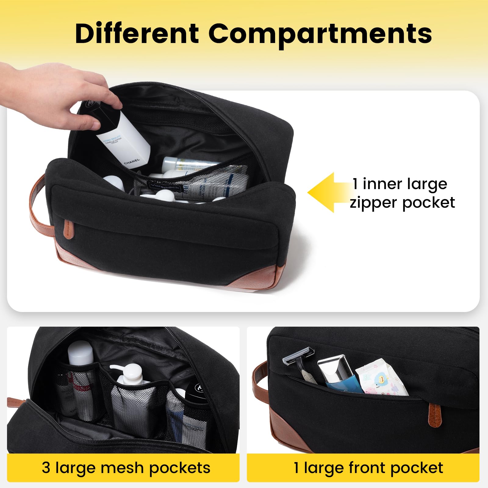 Vorspack large-capacity toiletry bag holds facial cleanser, shaving kit, and travel bottles.