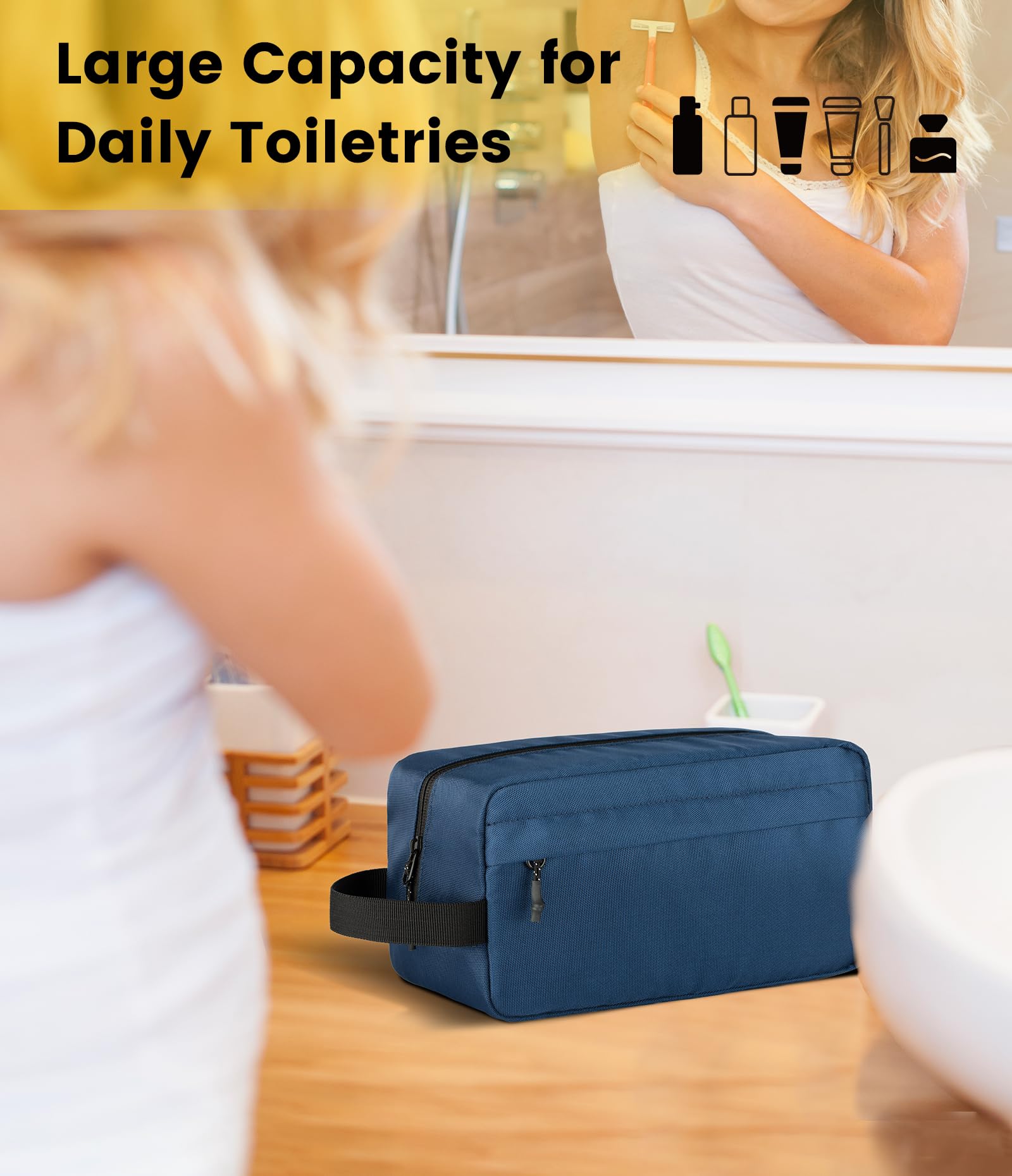 Front pocket adds quick-access storage for toiletries