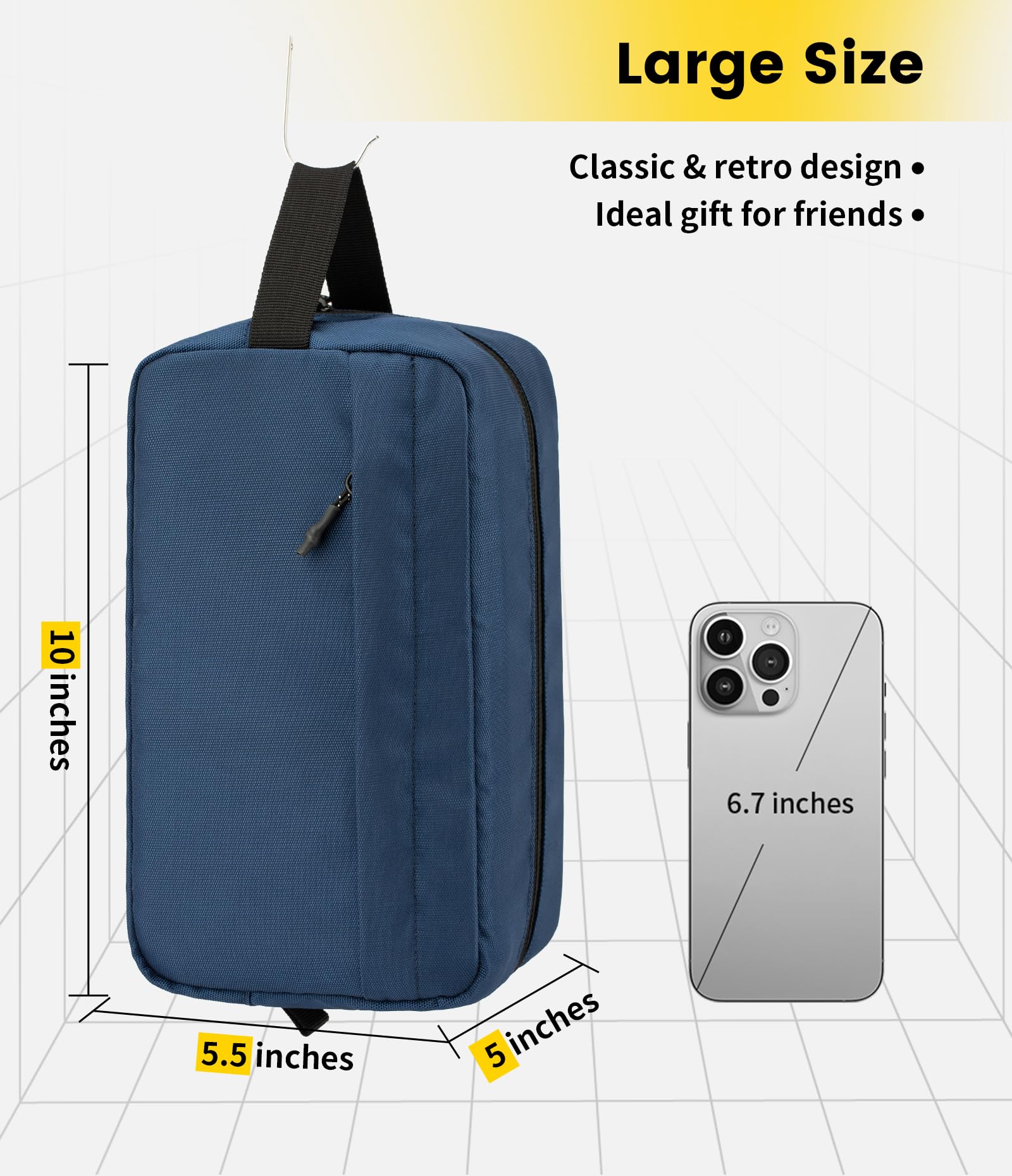 Main compartment shows spacious interior for shampoo cleanser and shaver