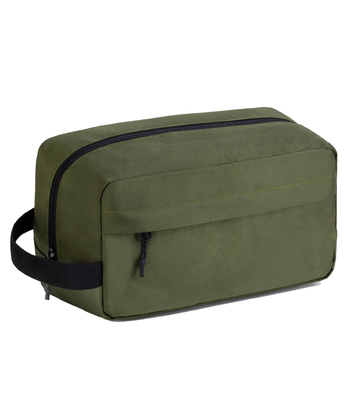 Vorspack travel toiletry bag in army green hanging on a hook for organized packing.
