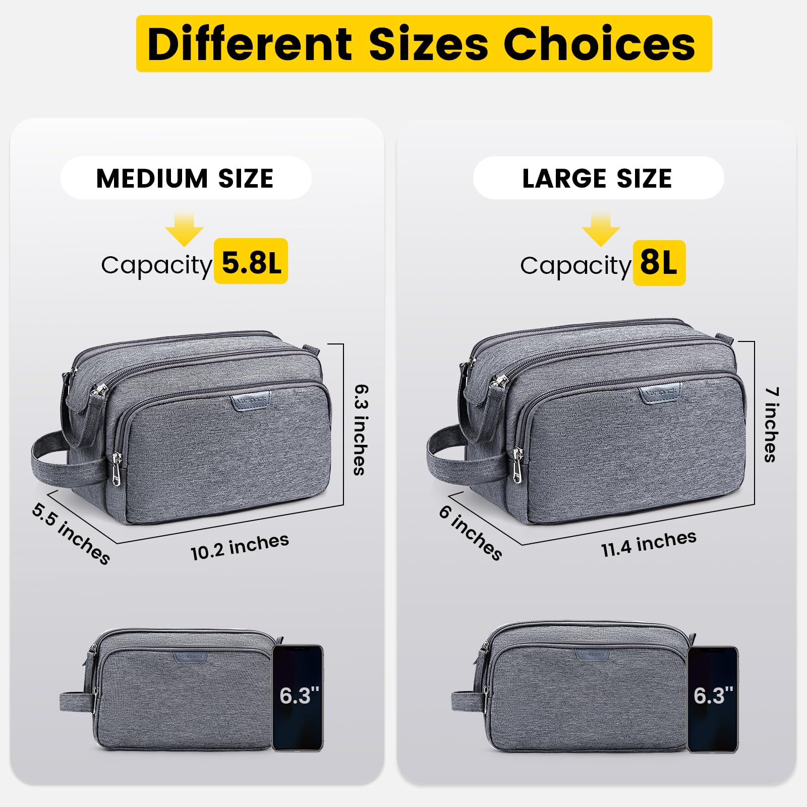 Vorspack travel toiletry bag dual zipper opening for easy access without snagging