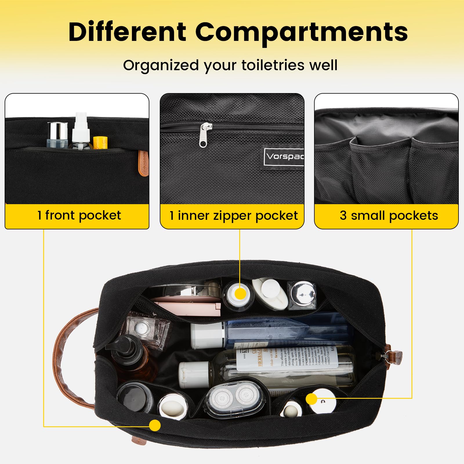 Vorspack travel toiletry bag front pocket for fast grab-and-go items during travel