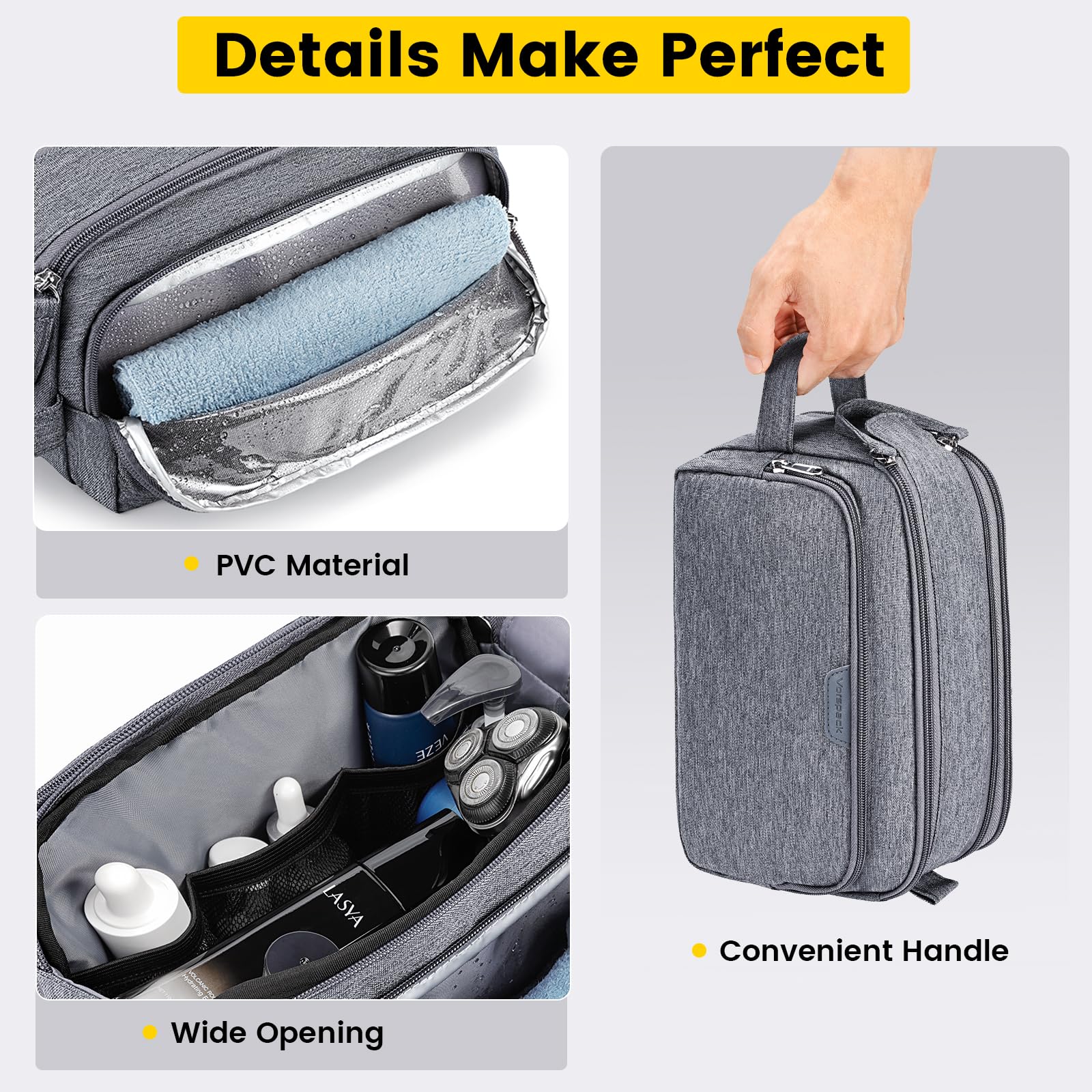 Vorspack travel toiletry bag inside pockets and elastic bands secure toiletries during travel