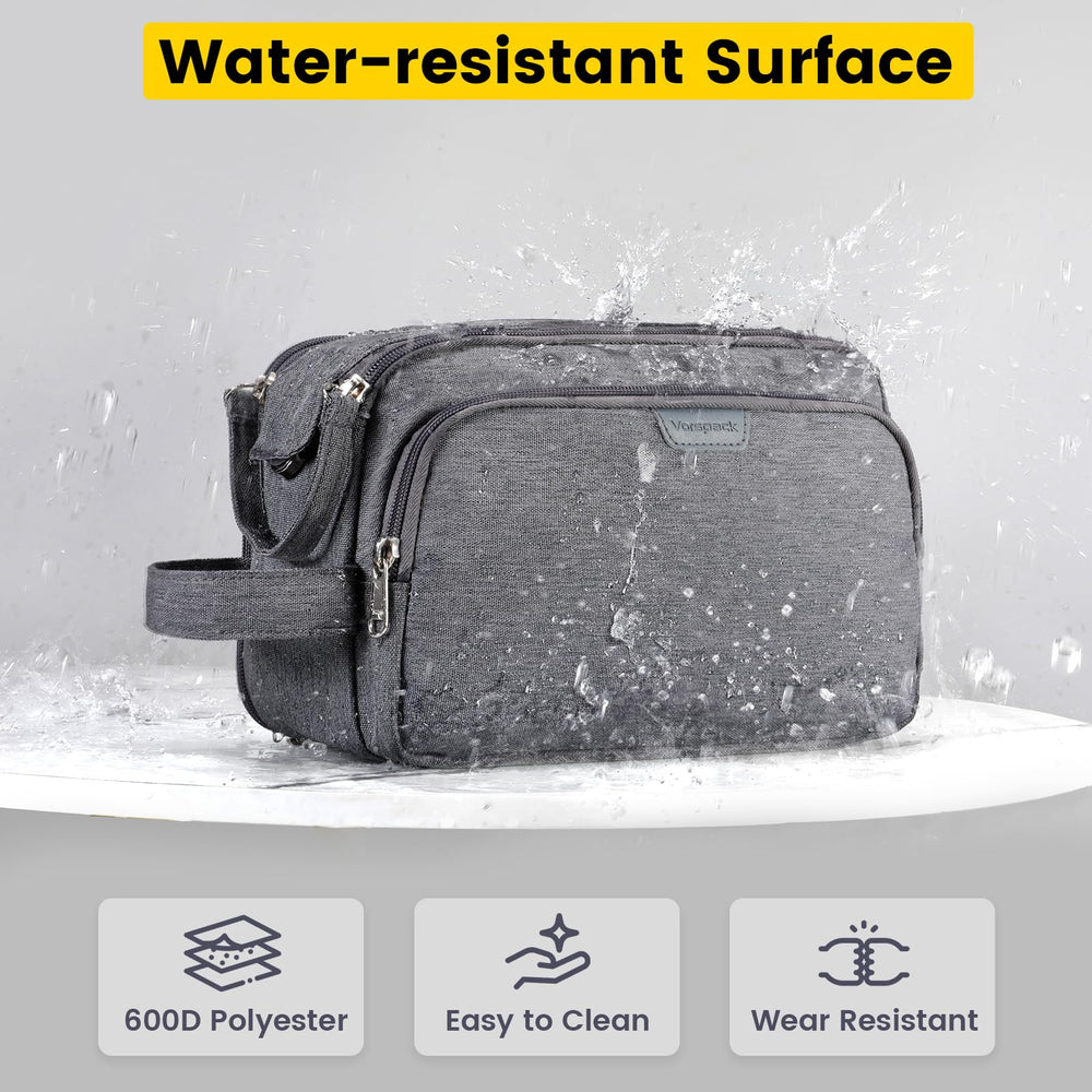 Vorspack travel toiletry bag water-resistant fabric protects contents from splashes