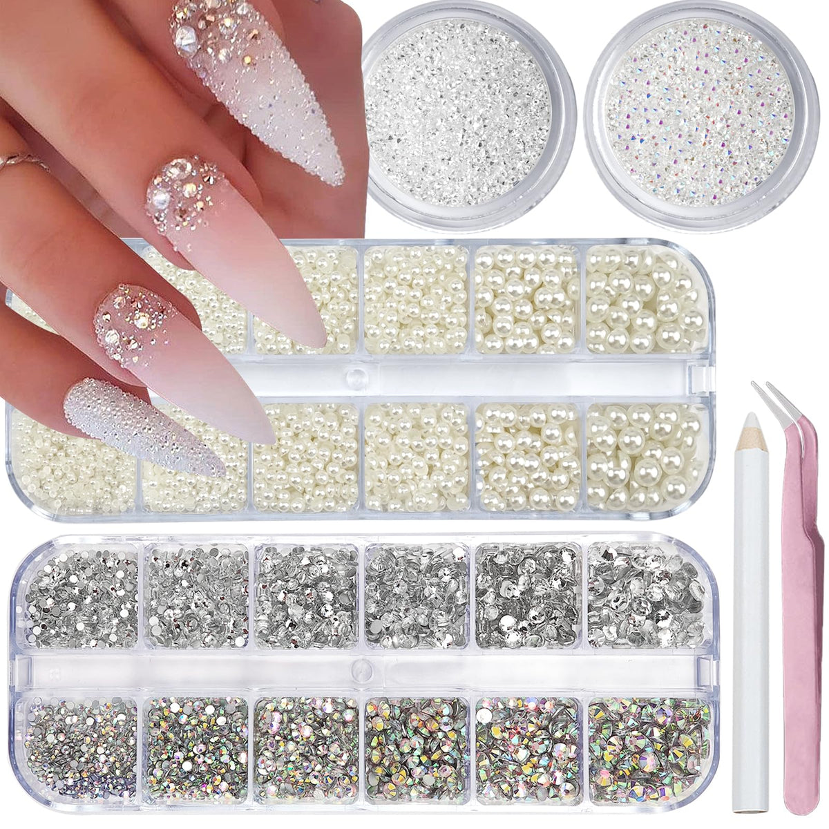 VOTACOS four-box kit with flatback rhinestones and pearls for DIY nails.