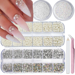 VOTACOS four-box kit with flatback rhinestones and pearls for DIY nails.