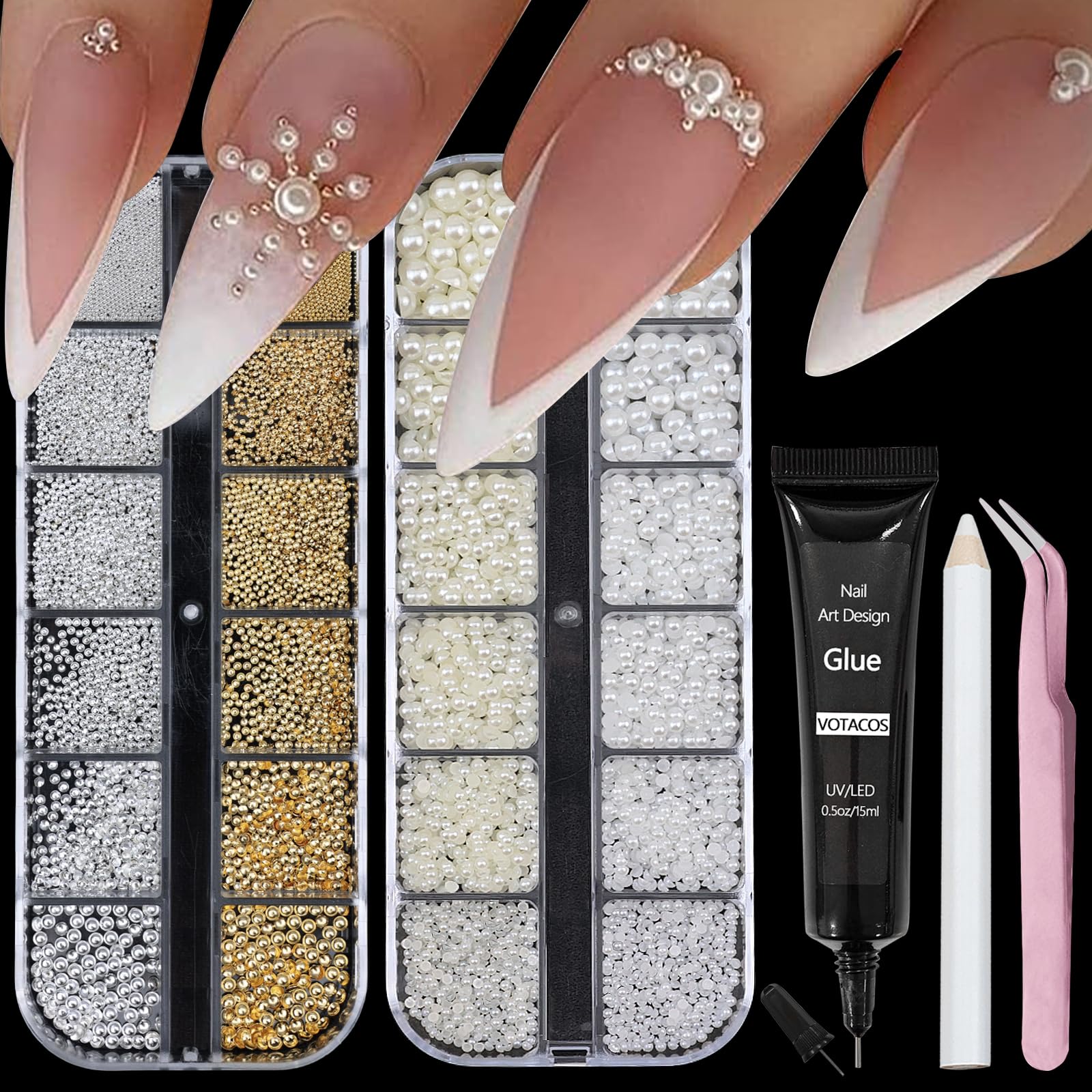 VOTACOS nail pearls packaging showing two styles for at-home art