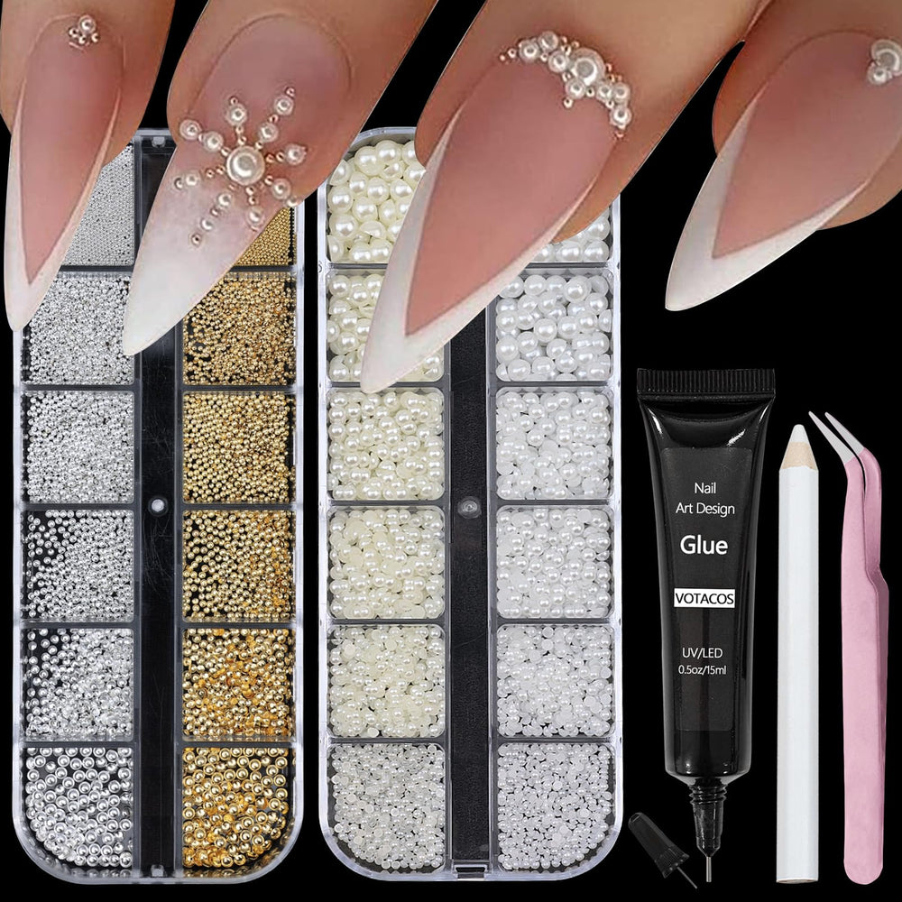 VOTACOS nail pearls packaging showing two styles for at-home art