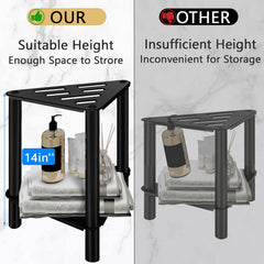 VOTZAAQ corner bench with storage shelf keeps toiletries organized.