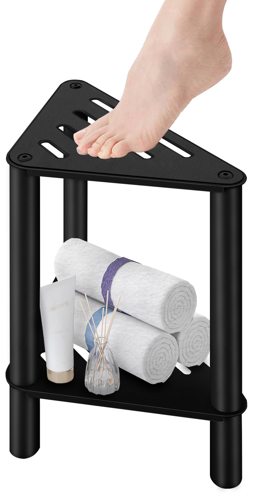 VOTZAAQ shower foot rest corner in stainless steel, ideal for compact showers.