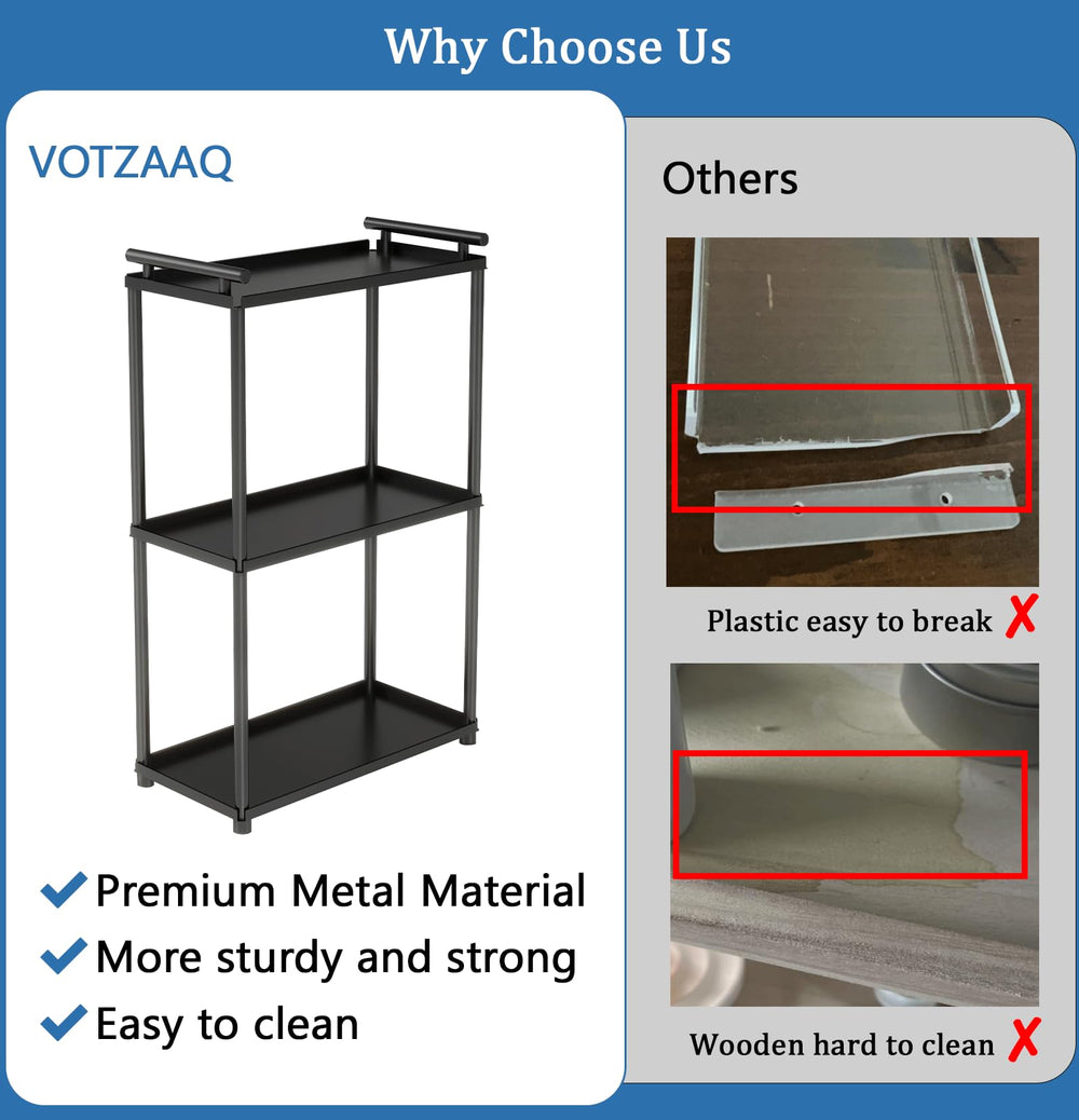 VOTZAAQ sturdy metal construction with matte black finish provides durable bathroom storage.