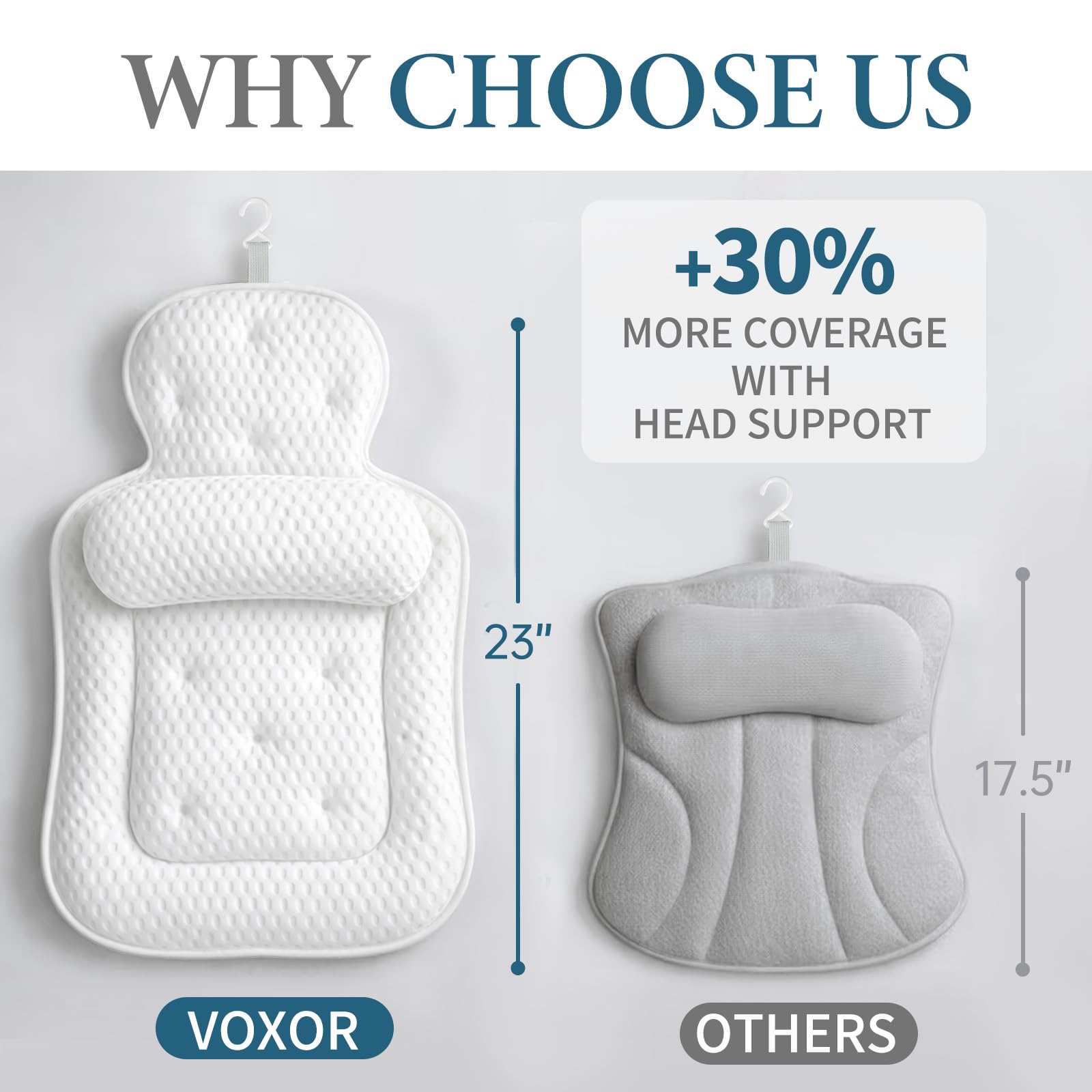 Machine-washable VOXOR pillow with hanging hook for easy care and storage.