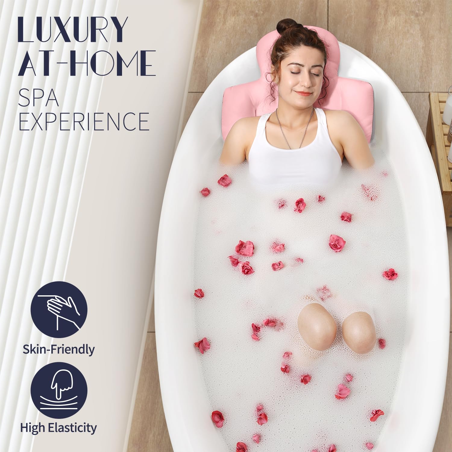 VOXOR full body bath pillow provides back support to ease shoulder tension during baths