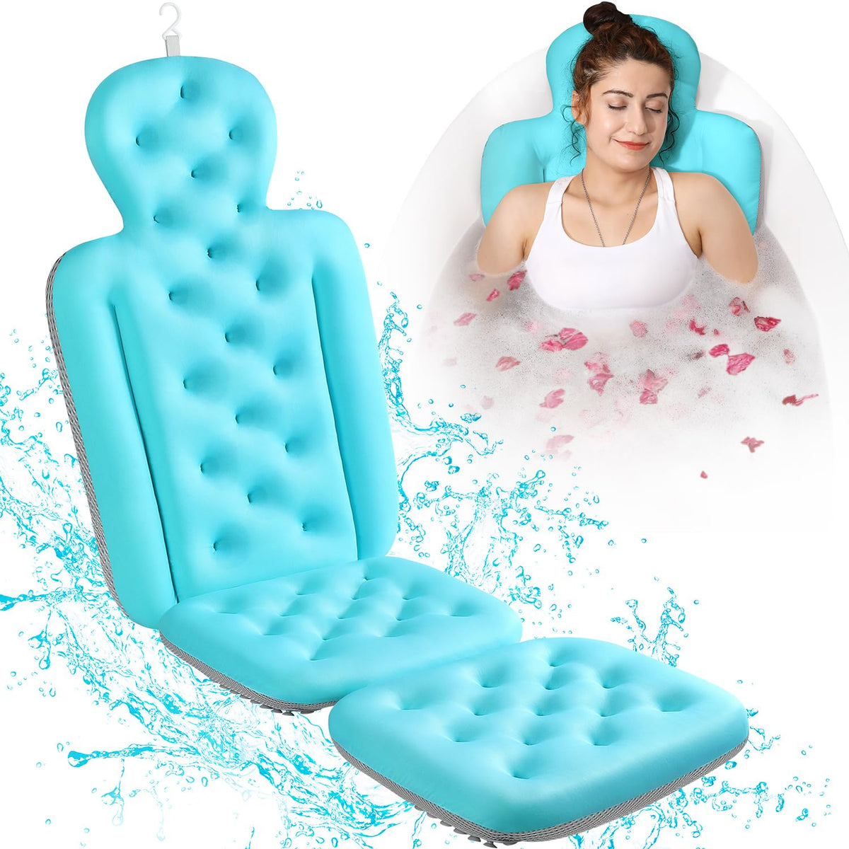 VOXOR full body bath pillow in ocean blue supports head and body for a spa-like soak.