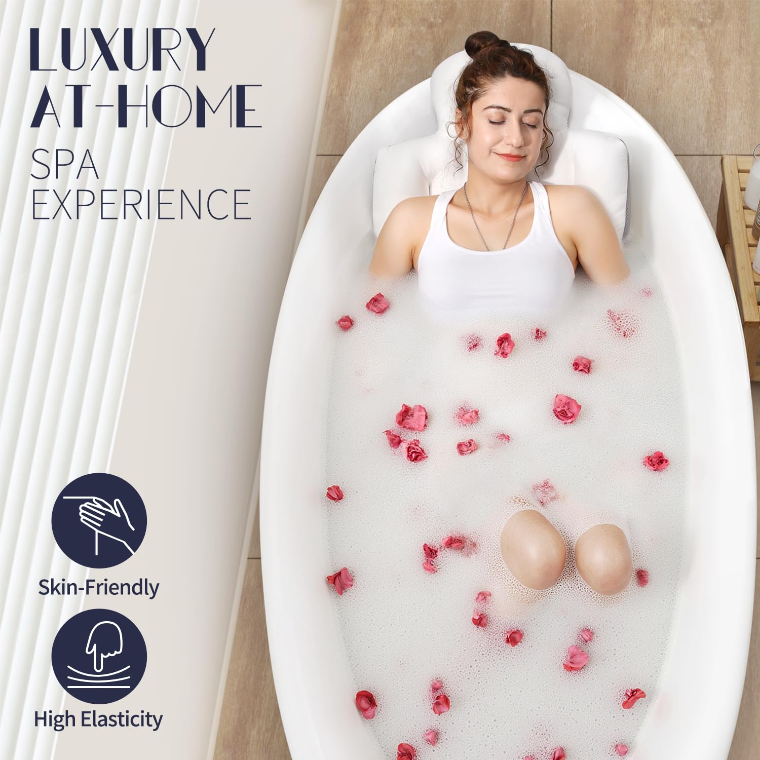 VOXOR full body bath pillow side view highlighting thick support for neck relief.