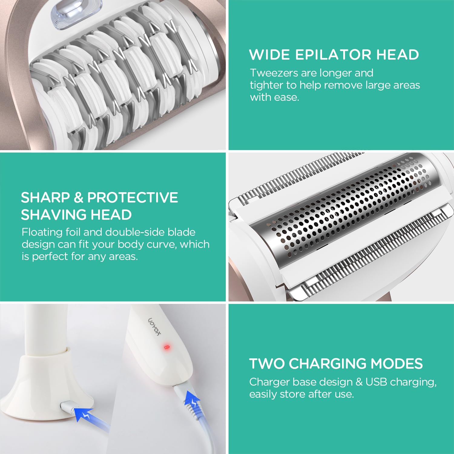 VOYOR shaver head preps hair for easier epilation.