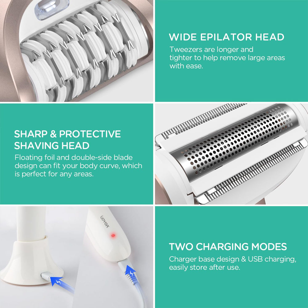 VOYOR shaver head preps hair for easier epilation.