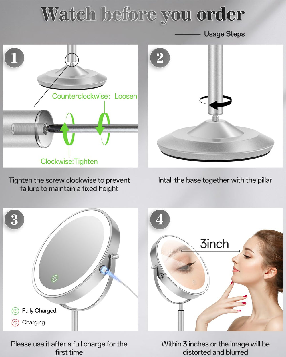 VPU makeup mirror shows 1X and 30X magnification for precise eyeliner work