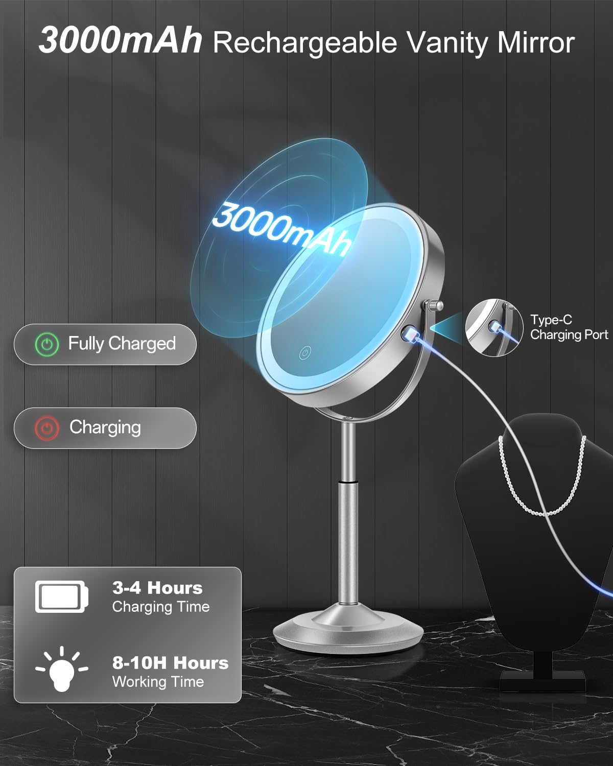 VPU makeup mirror three color lights mimic day natural and warm tones