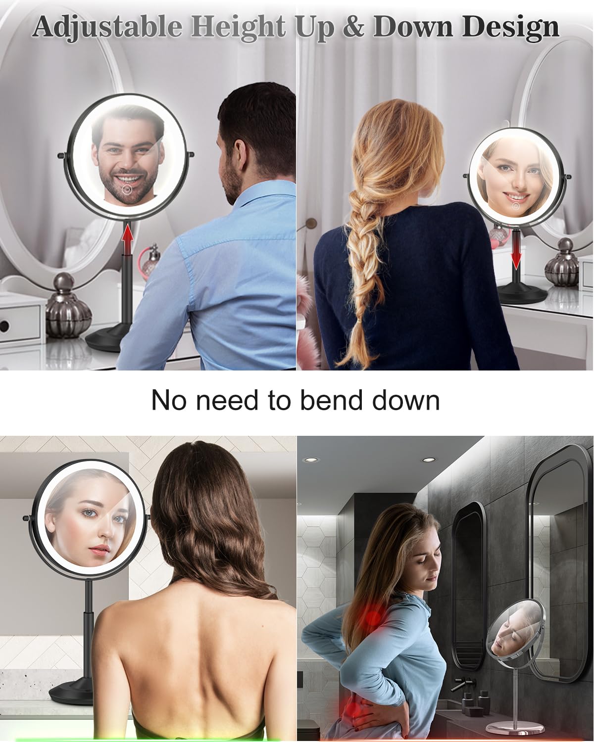 VPU makeup mirror with 3 LED lighting for accurate color matching.