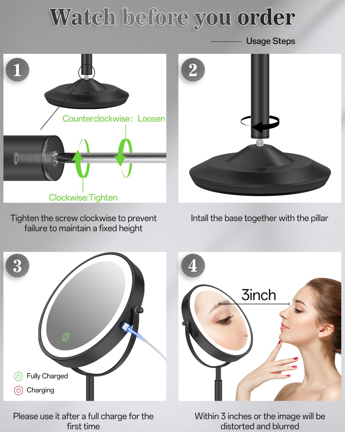 VPU makeup mirror 30x magnification detail for eyebrows and eyeliner precision.