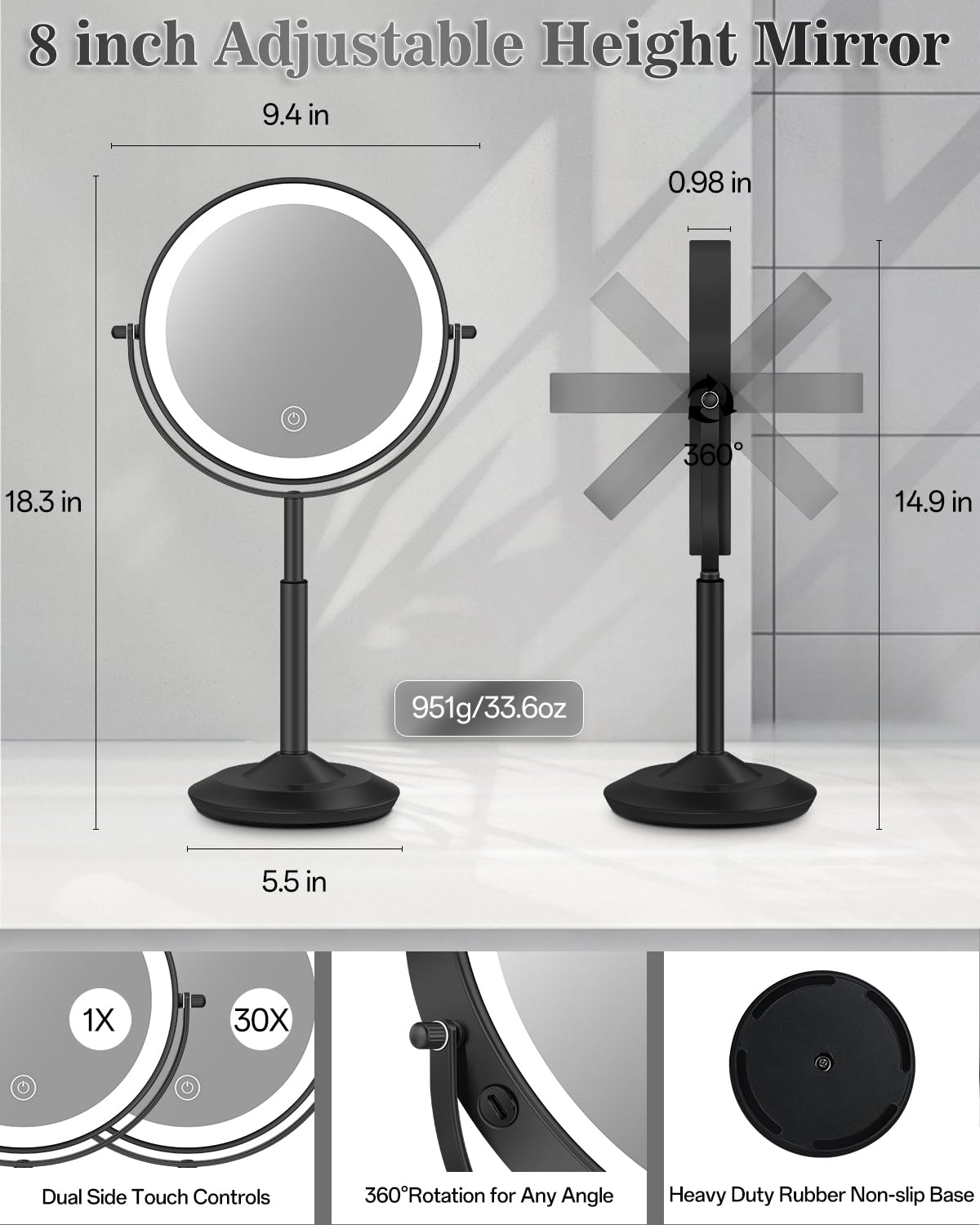 VPU makeup mirror brightness dimmable with memory function for consistent lighting.