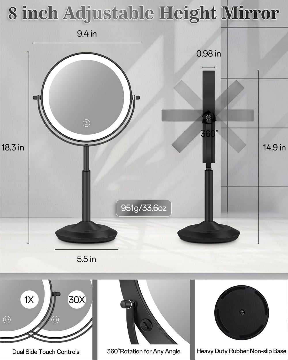 VPU makeup mirror brightness dimmable with memory function for consistent lighting.