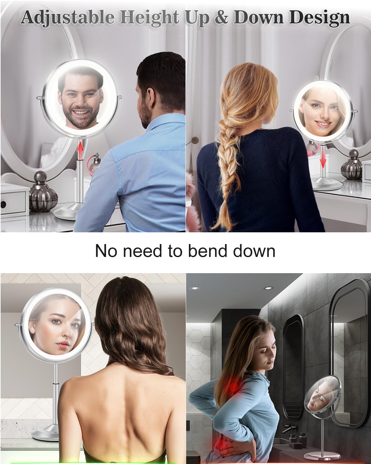 VPU makeup mirror height adjuster helps you find comfortable eye level