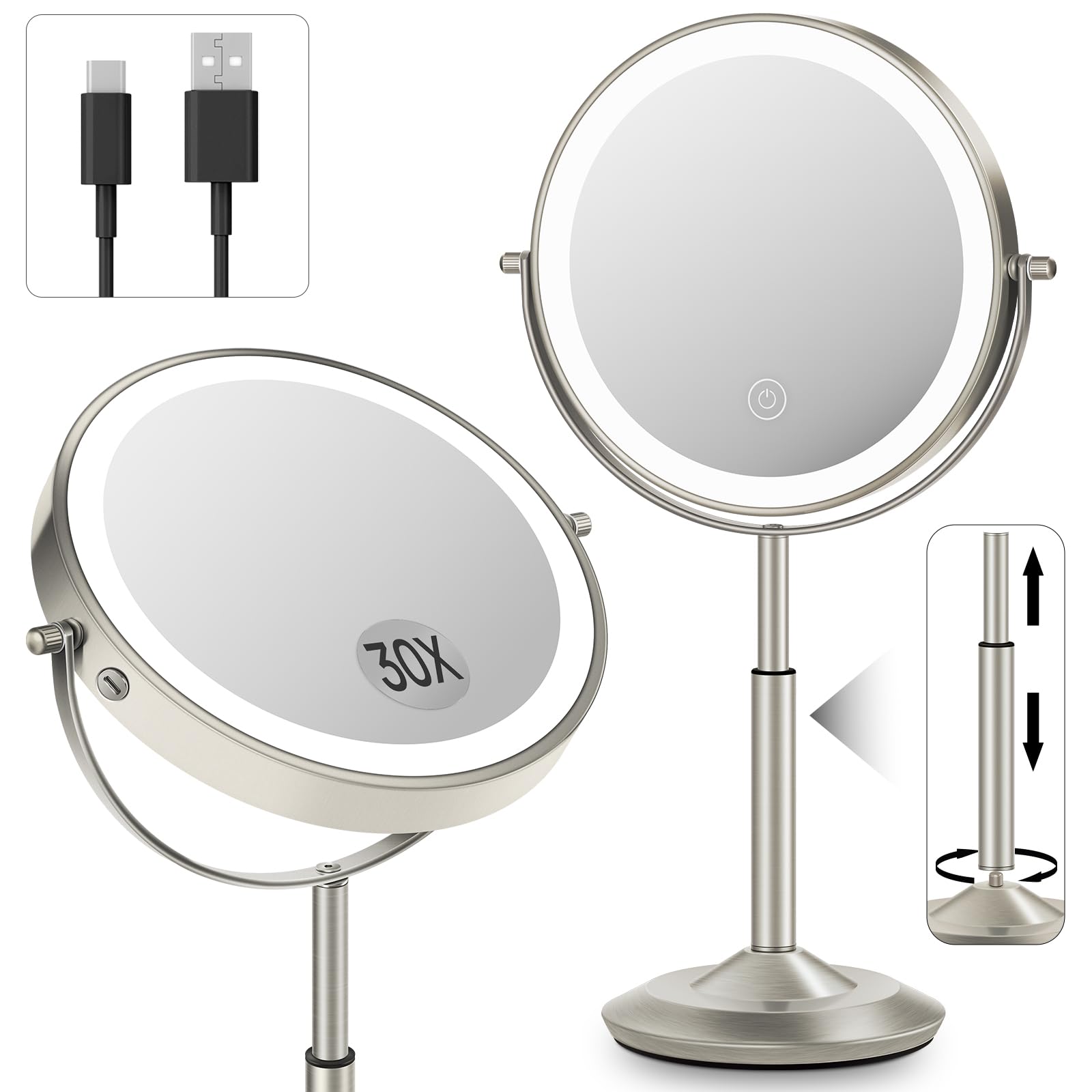 VPU makeup mirror with lights double sided 30X 1X for precise makeup detail
