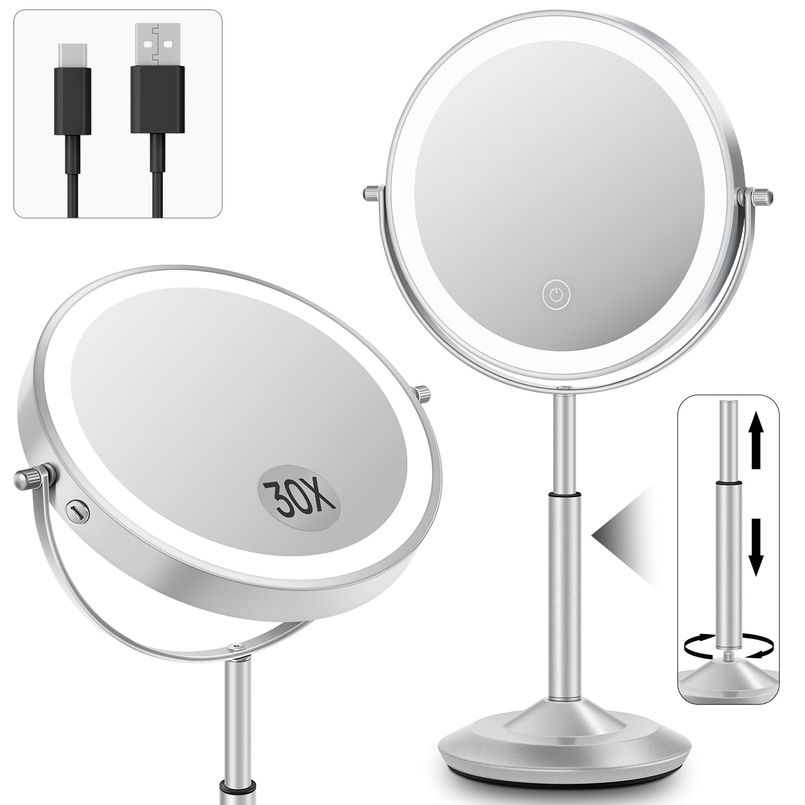 VPU makeup mirror with lights, 8-inch front view for easy makeup application