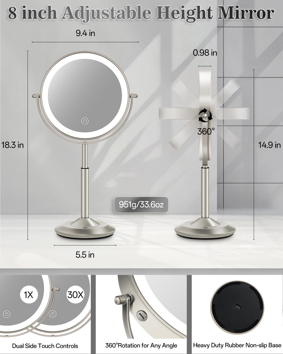 Dimmable brightness control on VPU makeup mirror with touch