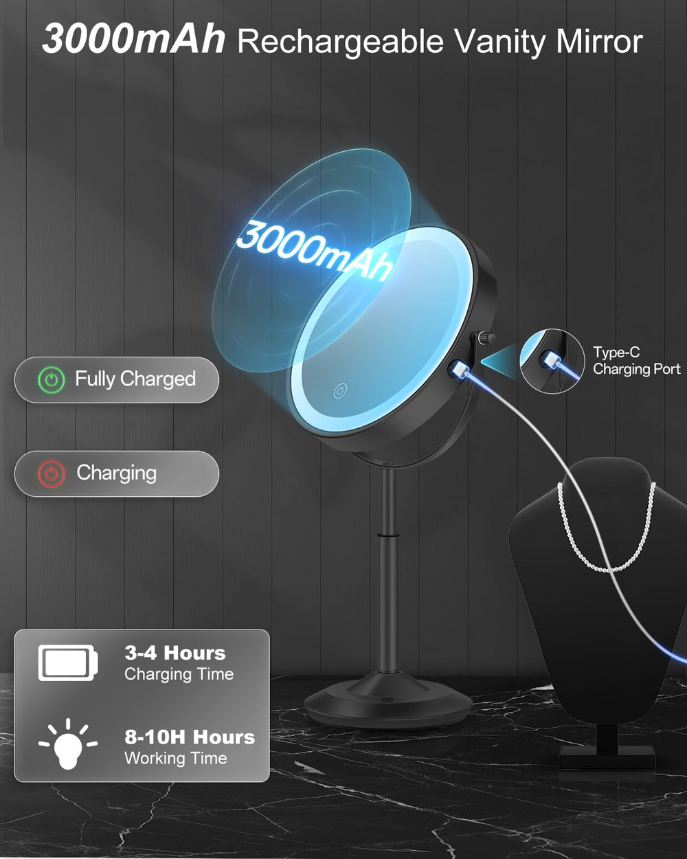 VPU makeup mirror USB Type-C rechargeability for cordless convenience.