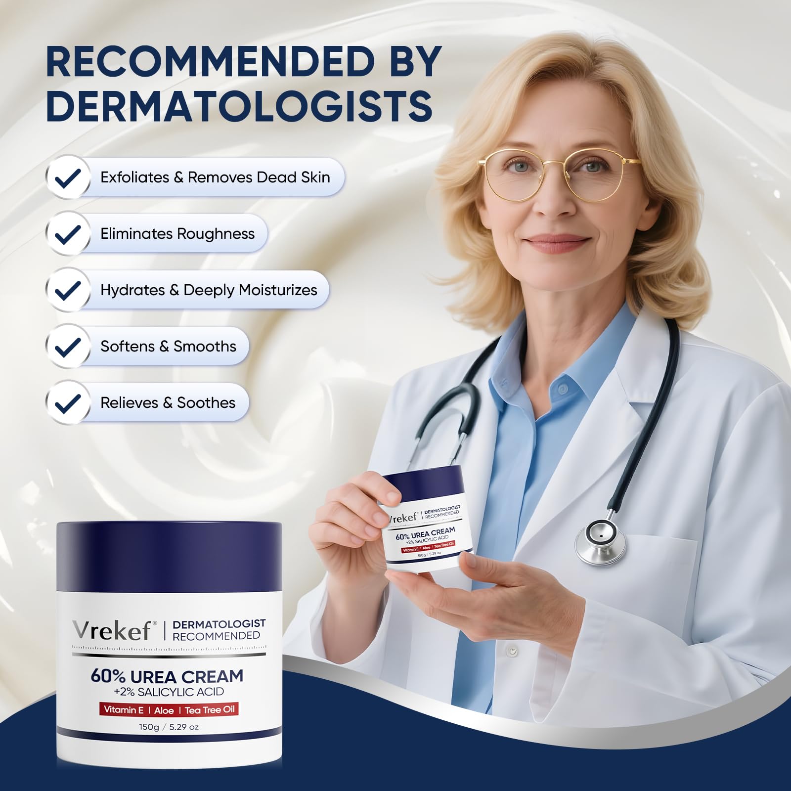 Extractos naturales en crema VREKEF realzan hidratación y suavidad de la piel.