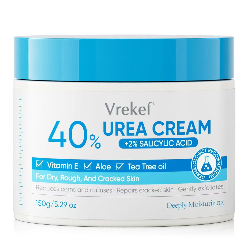 VREKEF Urea Cream bottle showing 40% urea and 2% salicylic acid for foot care