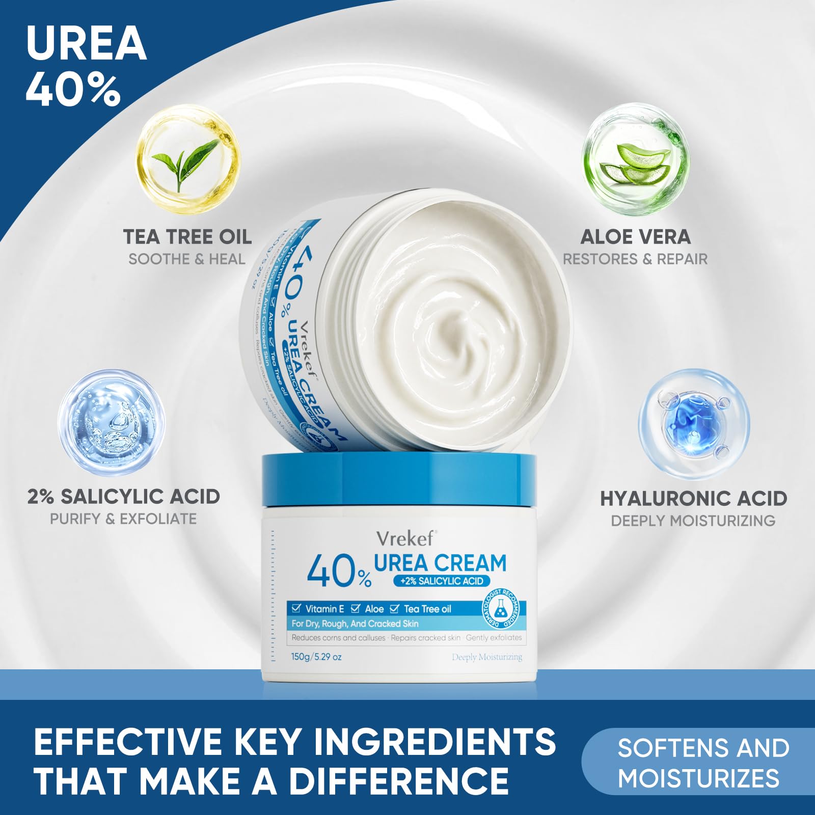 Close-up of VREKEF Urea Cream texture highlighting non-greasy hydration