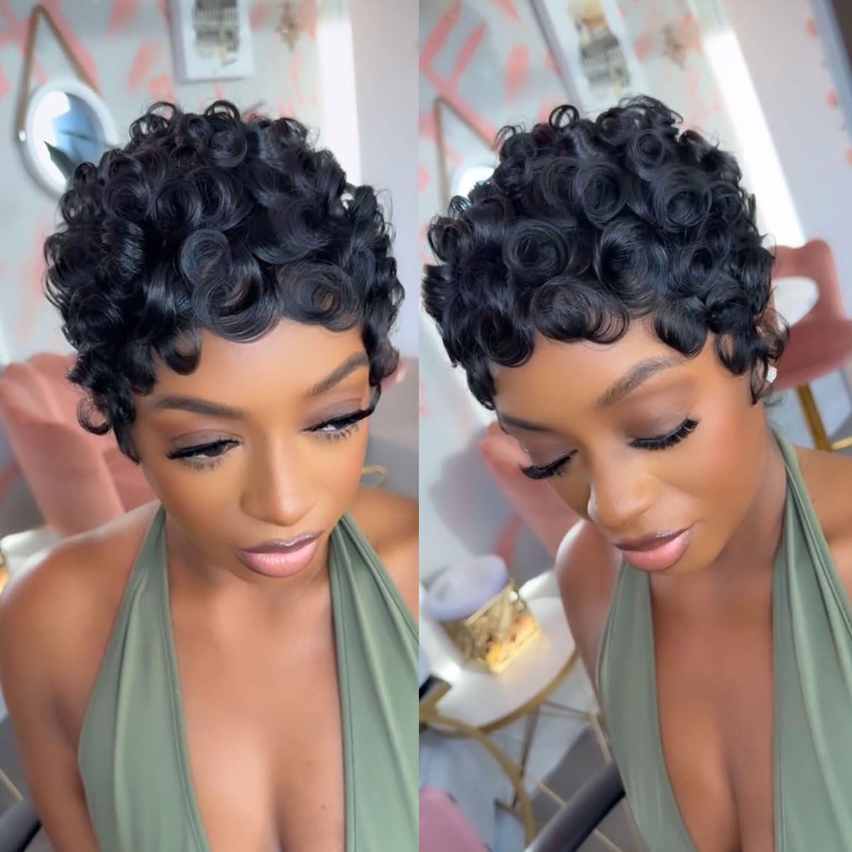 VRZ Pixie Cut Wig in Brazilian curly texture with bangs for everyday wear.