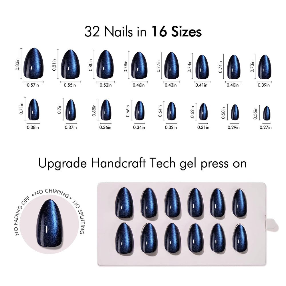 VSALON uñas pegadas 16 tallas 32 piezas, adherencia confiable cat-eye azul.