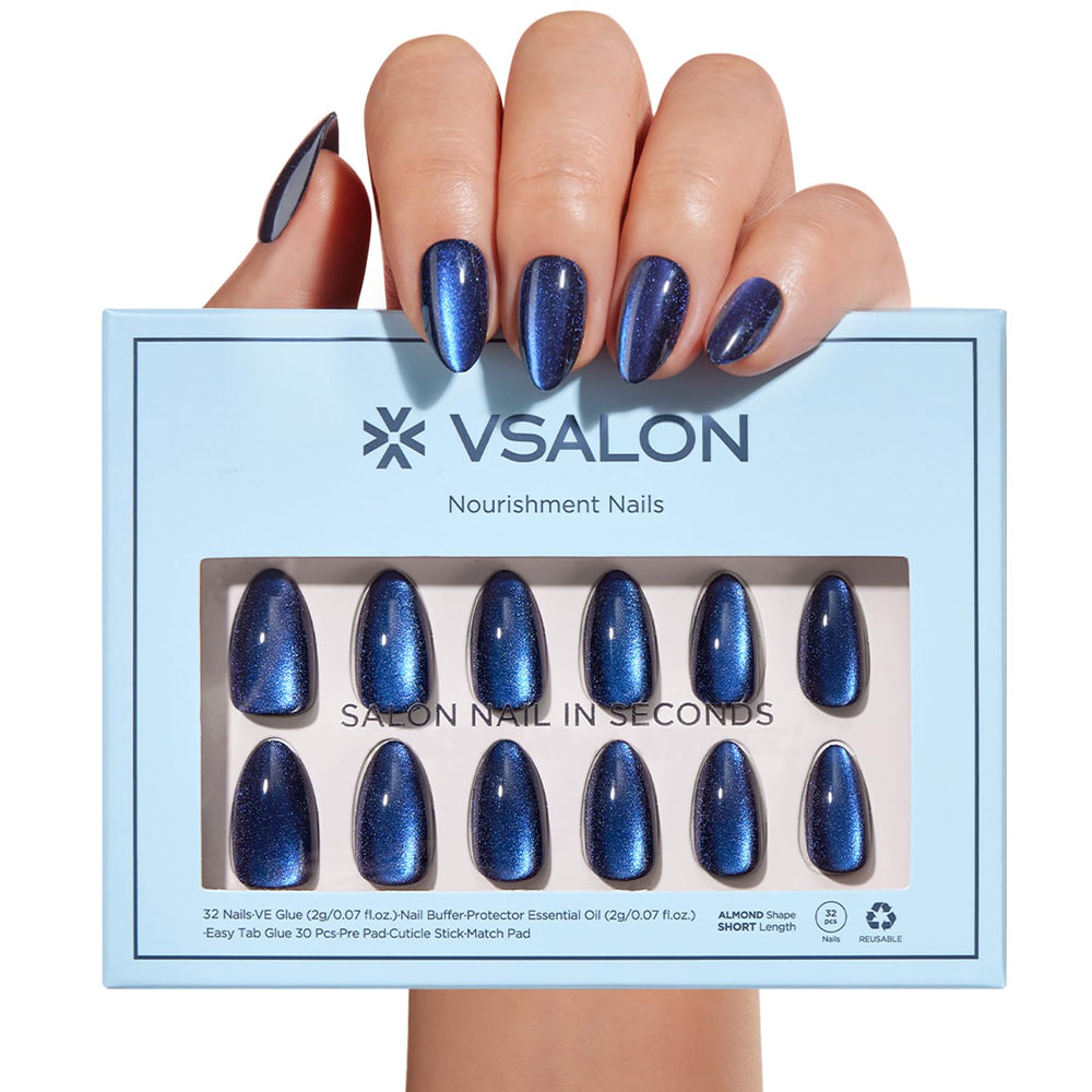 VSALON uñas pegadas almendra corta cat-eye azul, soporte cómodo para uso diario.
