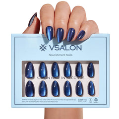 VSALON uñas pegadas almendra corta cat-eye azul, soporte cómodo para uso diario.