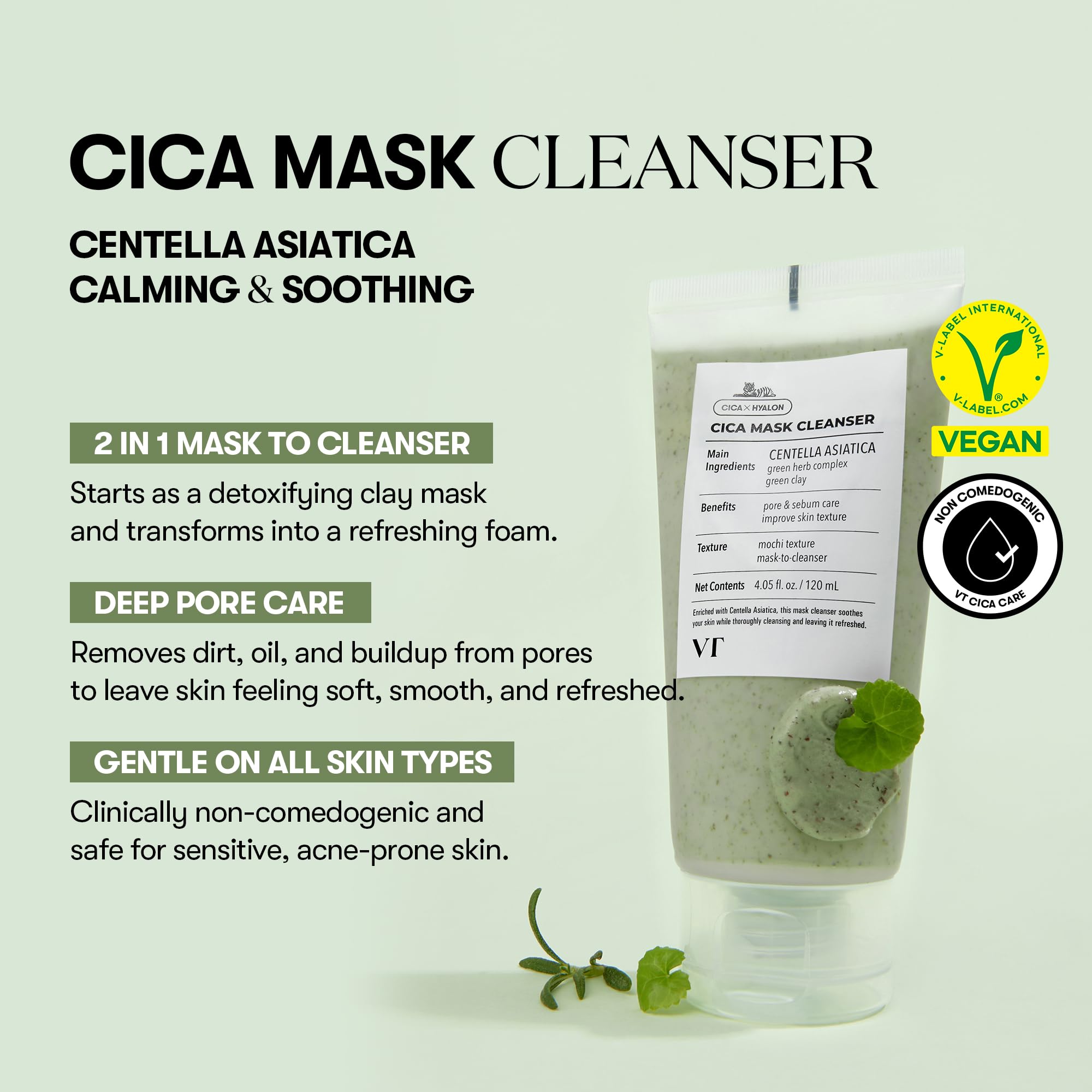 VT COSMETICS CICA Mask Cleanser limpia diariamente con espuma suave y refresca la piel