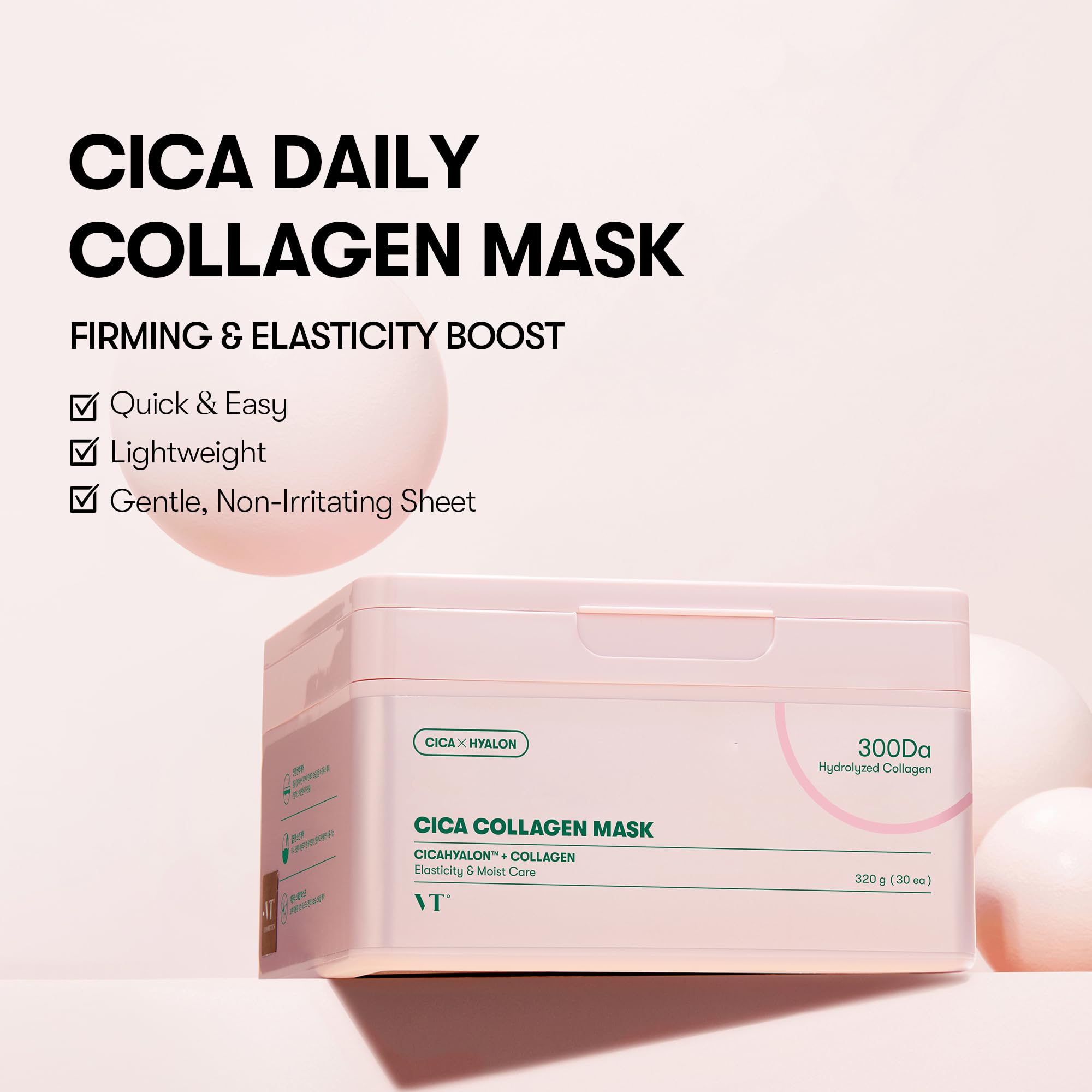 VT COSMETICS CICA Pink Daily Mask with 300Da collagen for improved elasticity.