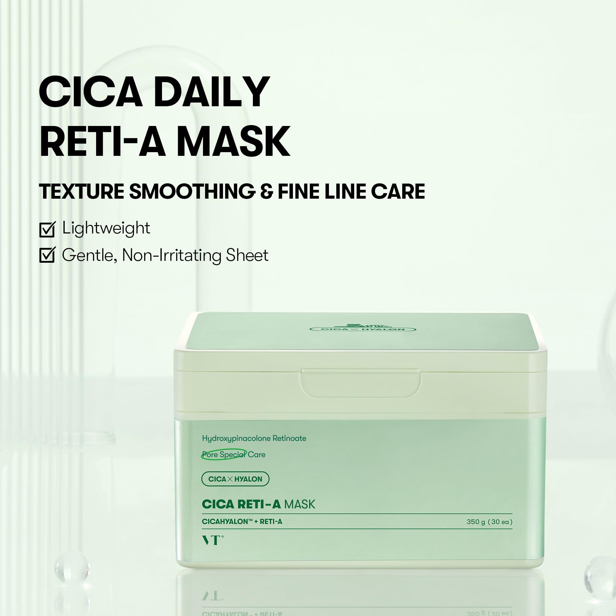VT COSMETICS CICA RETI-A sheet texture close-up shows a smooth, hydrating formula.
