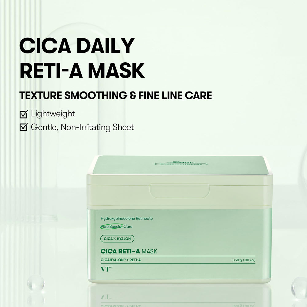 VT COSMETICS CICA RETI-A sheet texture close-up shows a smooth, hydrating formula.