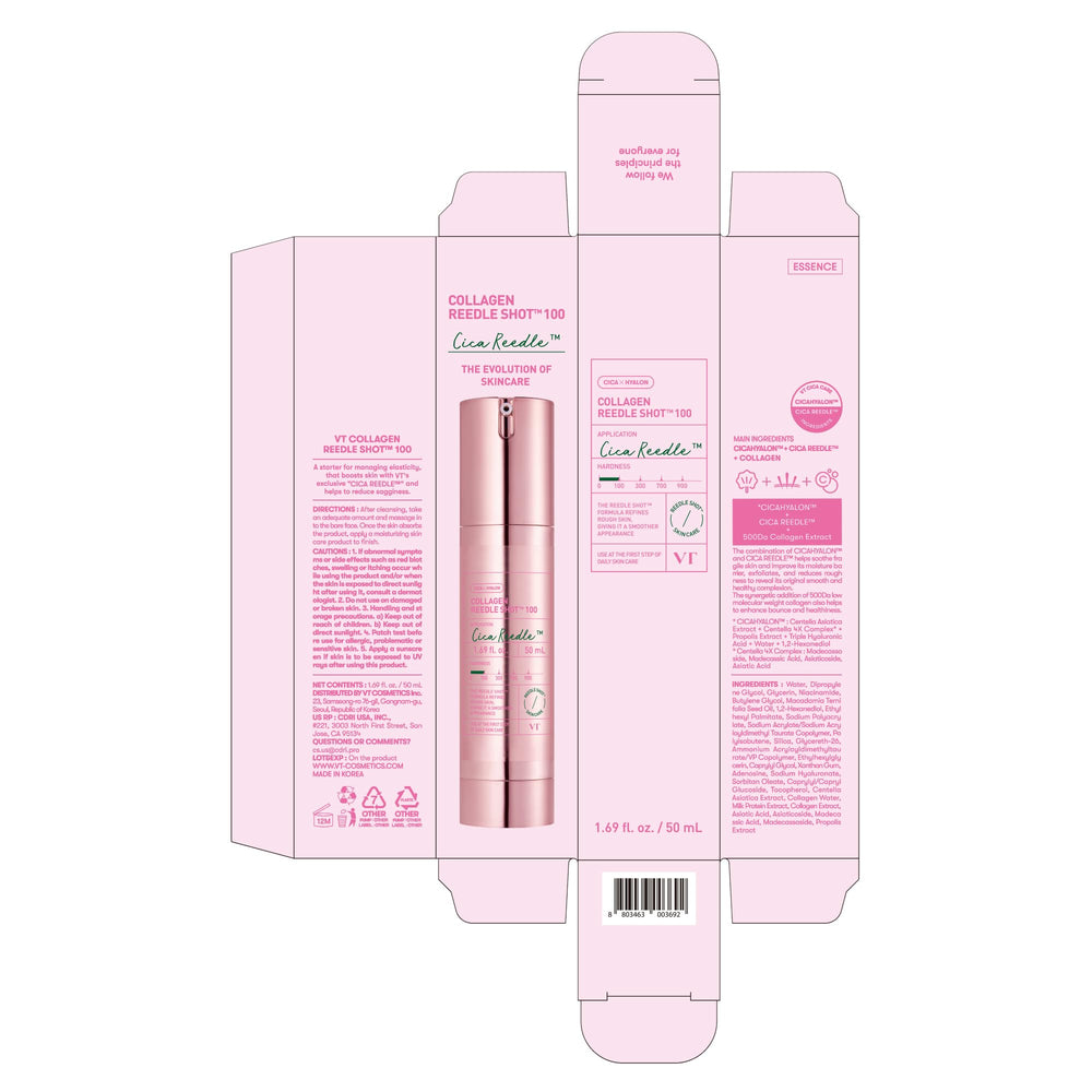 VT COSMETICS Collagen Reedle Shot ingredient label emphasizes 500 Da collagen benefits.