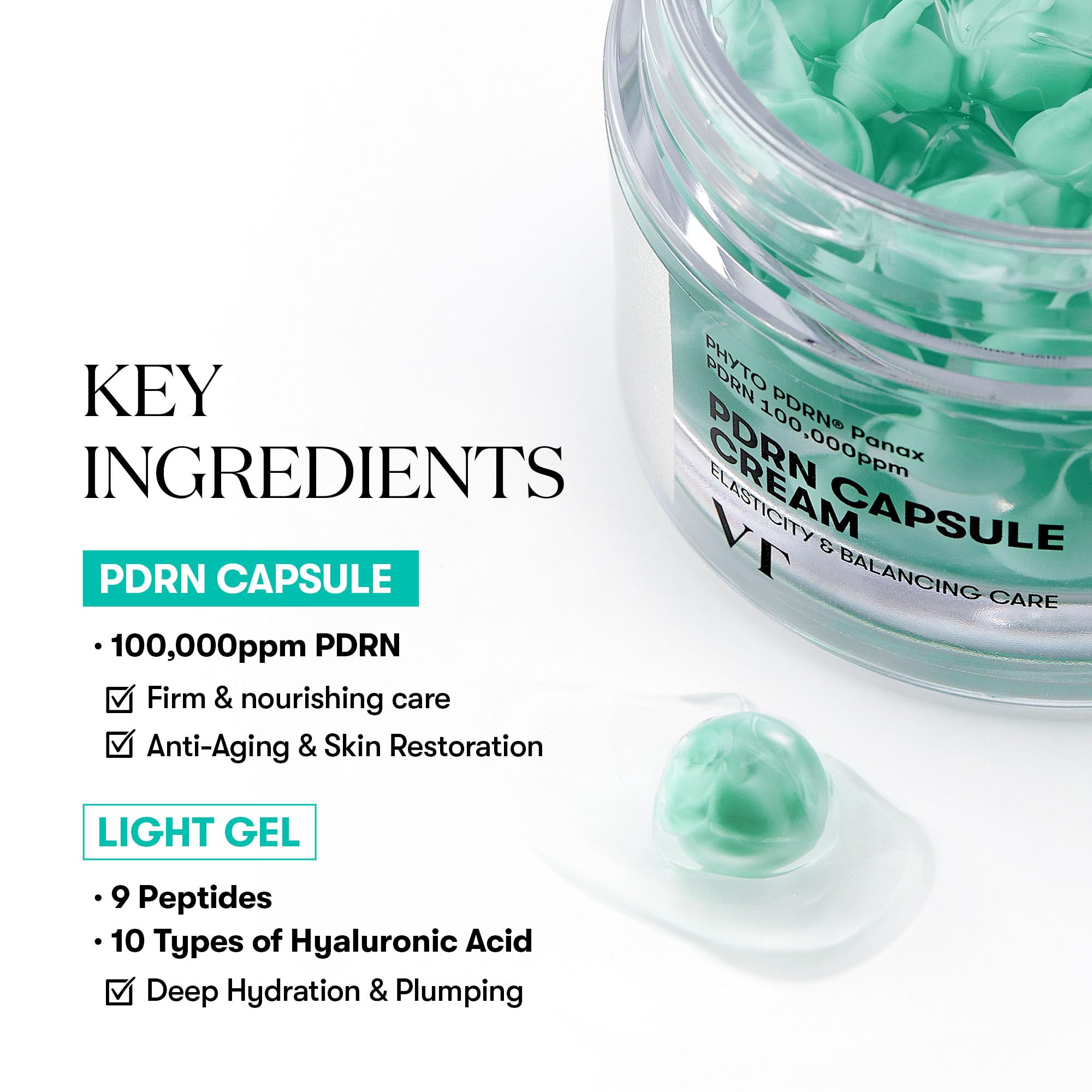 VT COSMETICS cápsulas PDRN integradas para regeneración suave de la piel.